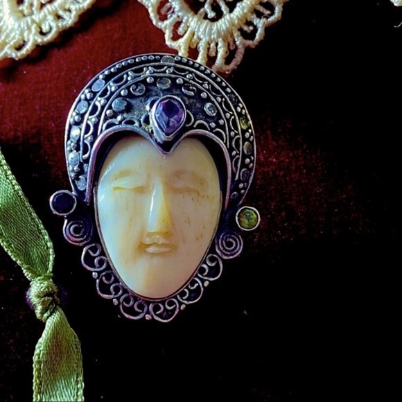 Sterling Silver BALI Goddess FLAPPER FACE GEMSTONE SLIDE PENDANT - Picture 1 of 9